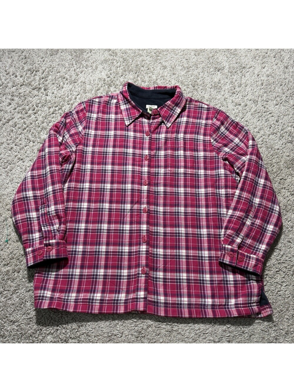 LL Bean Womens Pink Plaid Fleece Lined Flannel Shirt Jacket Shacket Large Petite